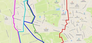 Drei verschiedene Routen für eine mögliche Radschnellverbindung durch Dreieich.