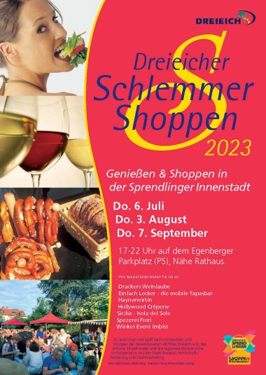 Flyer SchlemmerShoppen 2023 mit Impressionen der vergangenen Veranstaltungen und den kommenden Daten der Veranstaltung: 6. Juli 2023, 3. August 2023, 7. September 2023