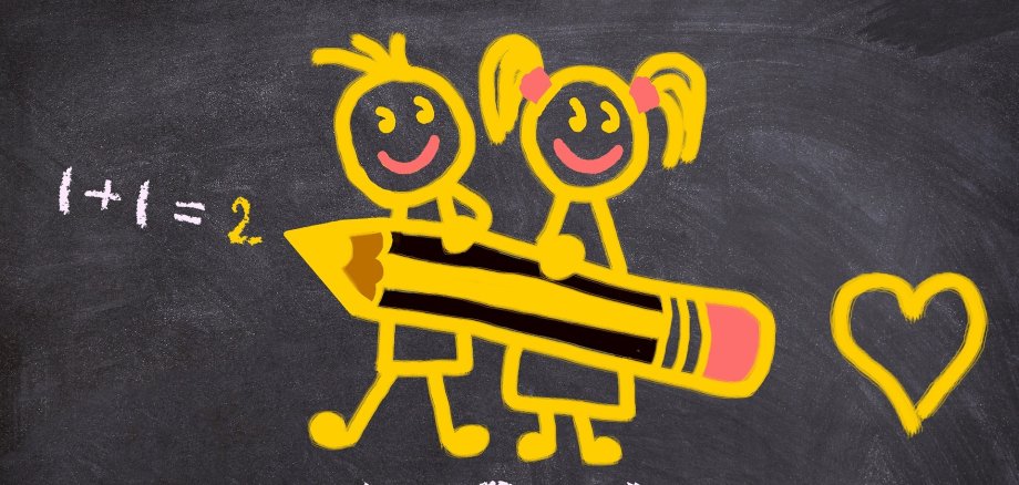 Zwei Schulkinder als Strichmännchen mit Bleistift