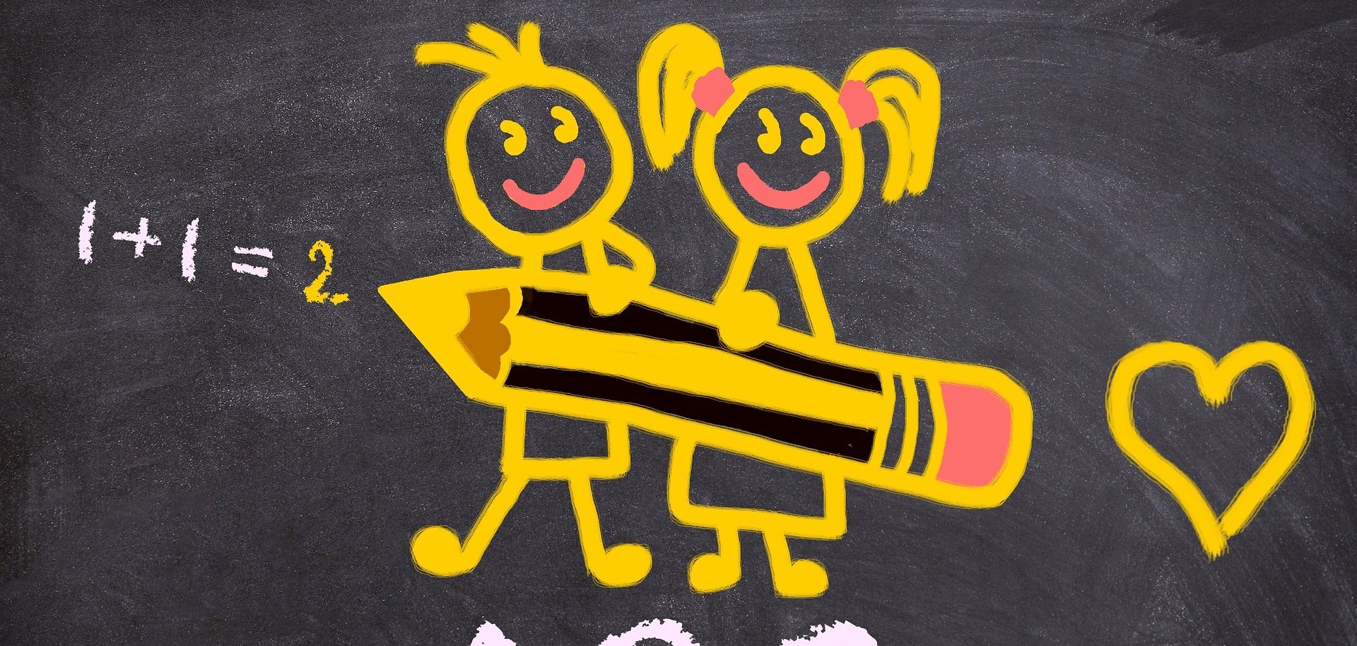 Zwei Schulkinder als Strichmännchen mit Bleistift