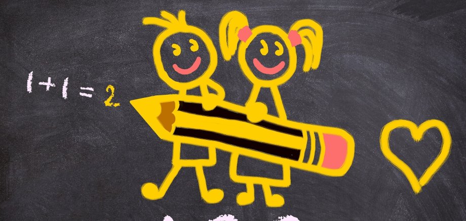 Zwei Schulkinder als Strichmännchen mit Bleistift