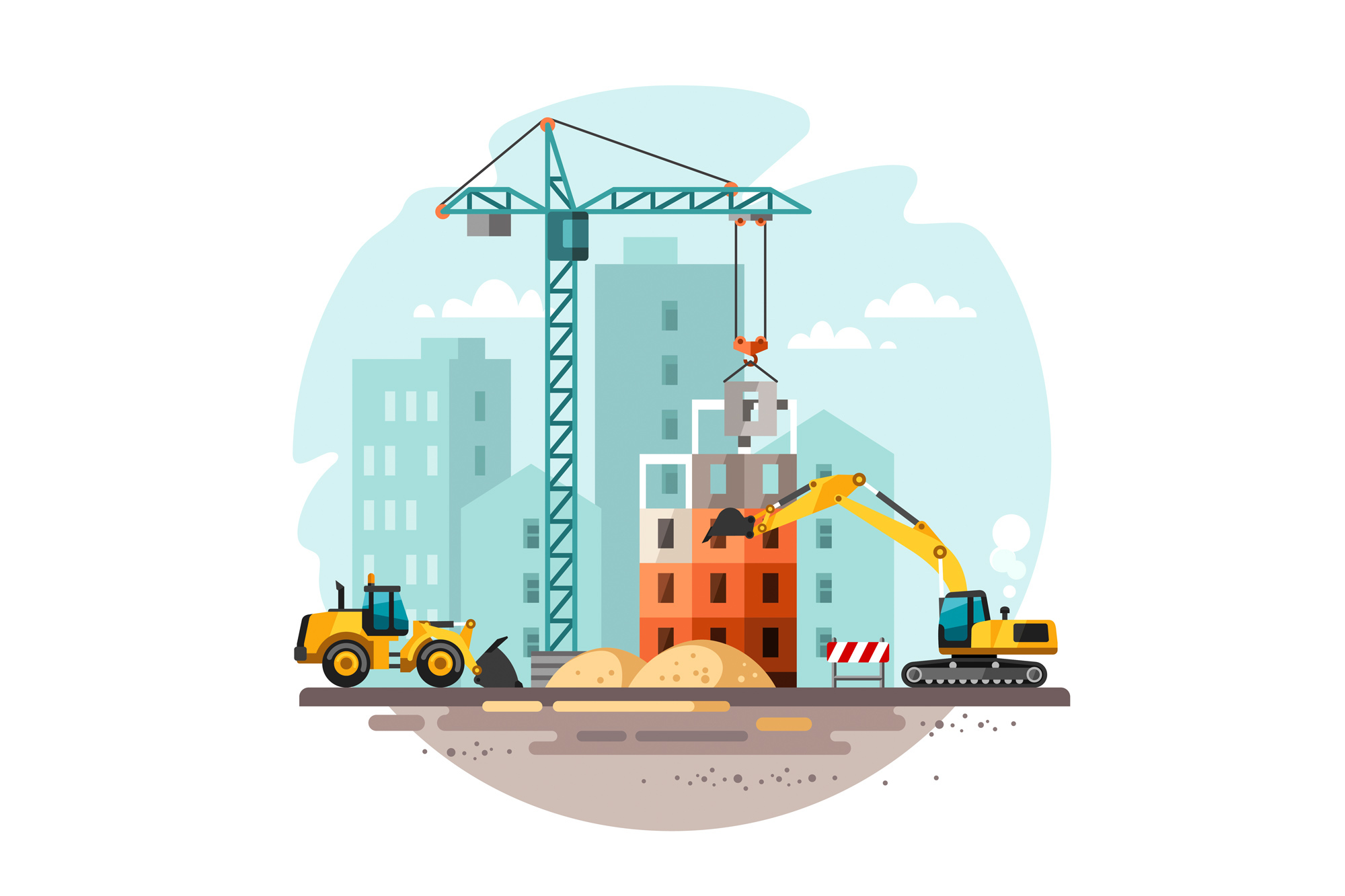 Bauarbeiten Baustelle mit Kran und Fahrzeugen vor Hochhaus