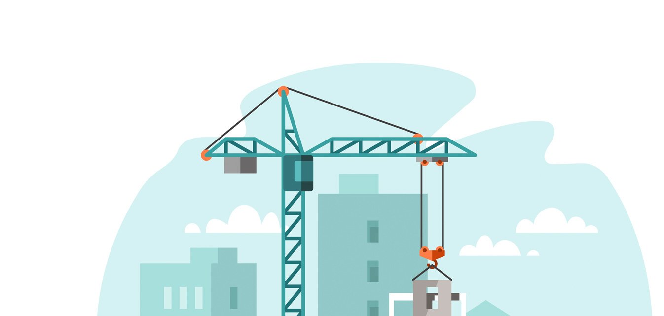 Baustelle mit Kran und Fahrzeugen vor Hochhaus