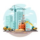 Baustelle mit Kran und Fahrzeugen vor Hochhaus