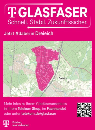 Übersichtskarte der Deutschen Telekom zum Glasfaserausbau auf dem Dreieich-Sprendlingen in Magenta eingefärbt ist.
